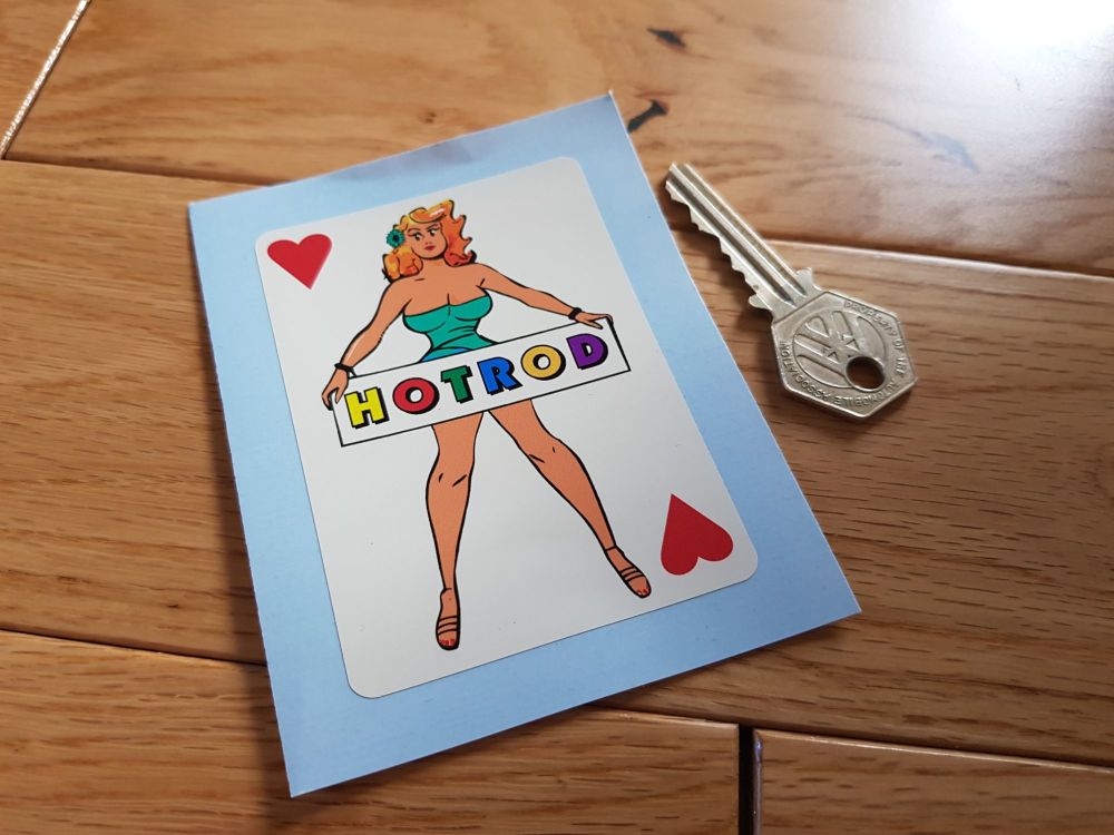 Hot Rod Woman on Playing Card Sticker. 3.5