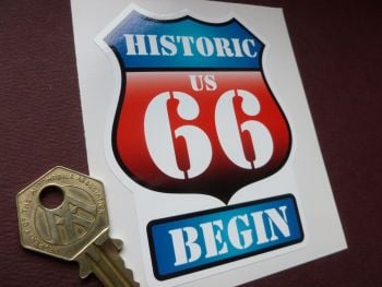 Route 66 'Historic US 66 Begin' Vintage Style Red & Blue Shield Car Body or Window Sticker. 3.75".