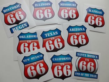 Route 66 Historic US66 Full Set of State and Begin/End Vintage Style Shield Car Body or Window Stickers. Set of 10. 3". 