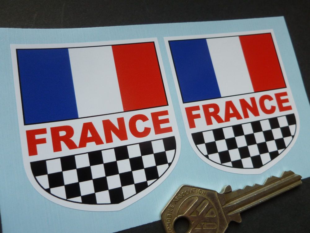 France Check & Tricolore Shield Shaped Stickers. 2.5" Pair