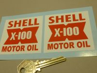 Shell X-100 Motor Oil Red & White Stickers. 2.5" Pair.