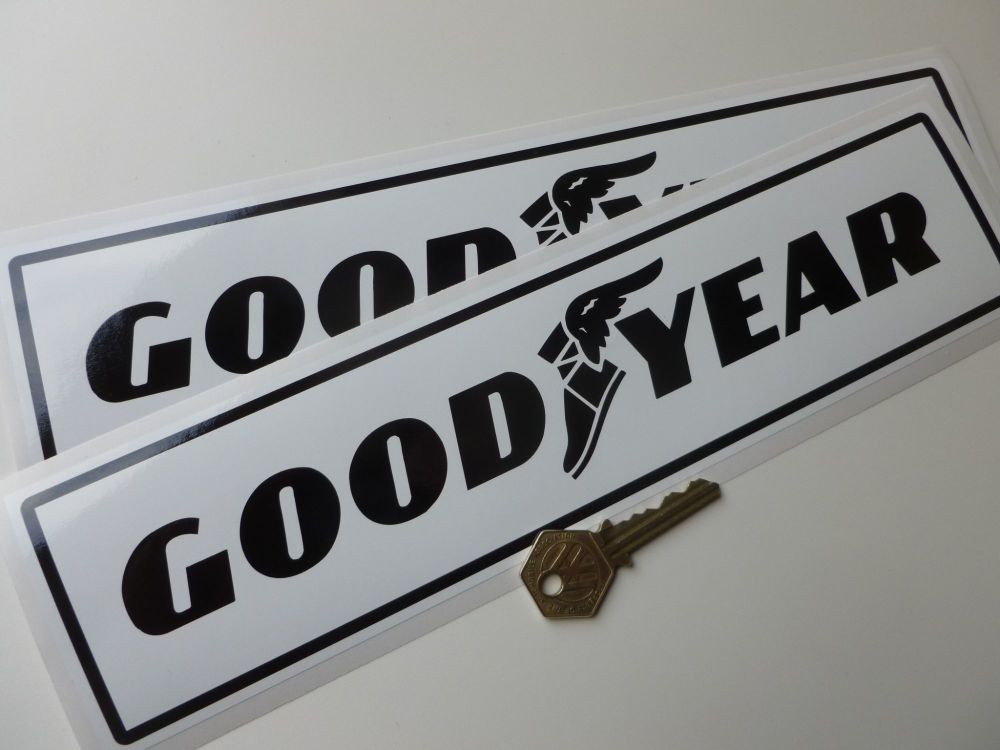 Good Year Text & Logo Black on White Oblong Stickers. 9.5" or 12" Pair.