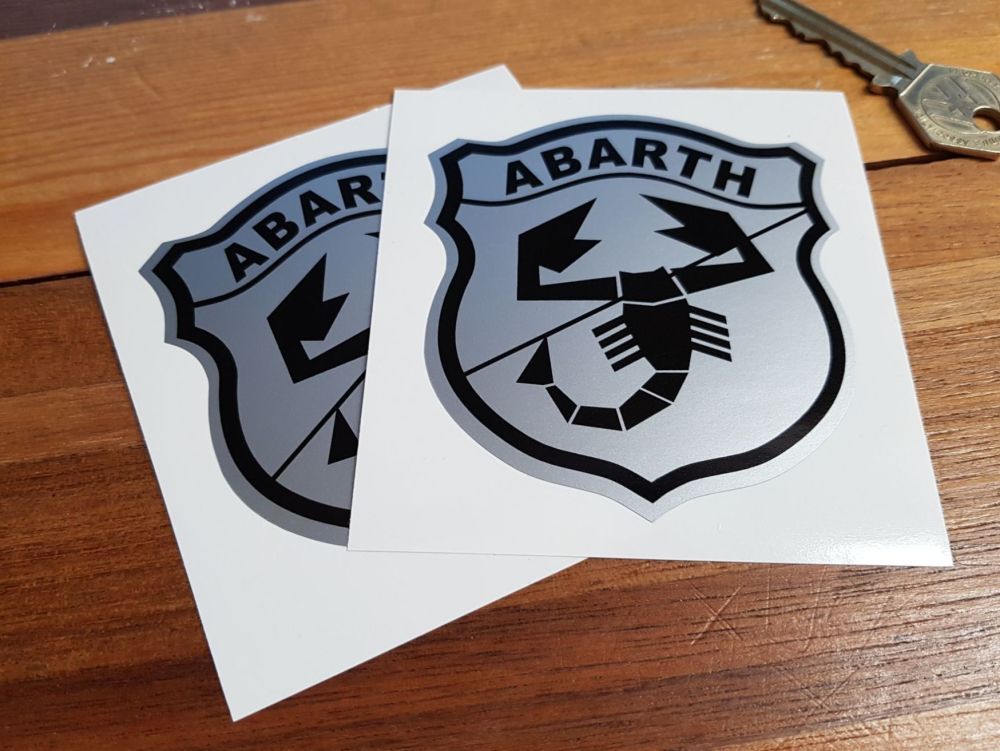 Abarth & Co Black & Silver Shield Stickers. 3" or 4" Pair.
