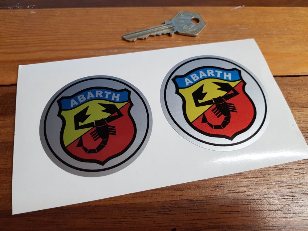 Abarth Round Shield Stickers. 65mm & 70mm Set of two.