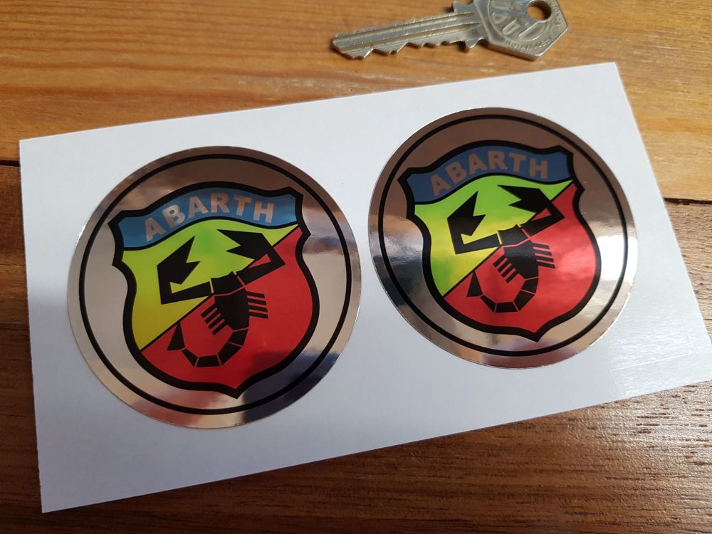 Abarth Shield Logo Chrome Style Stickers. 65mm Pair.