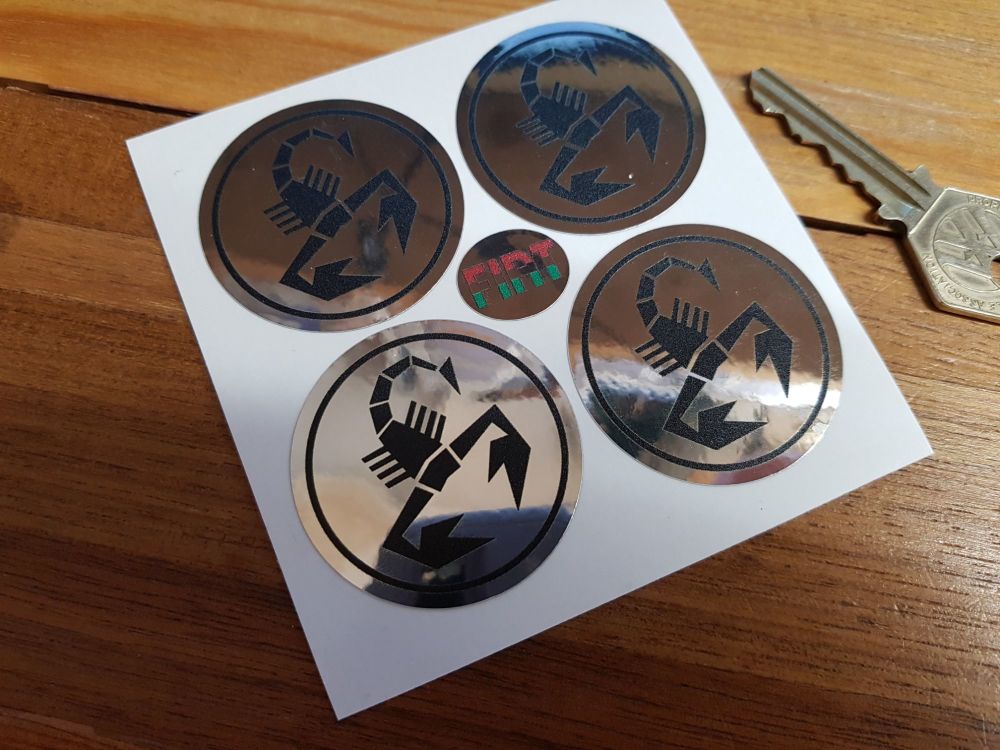 Abarth Scorpion Logo Chrome Style Stickers. 45mm Set of 4.