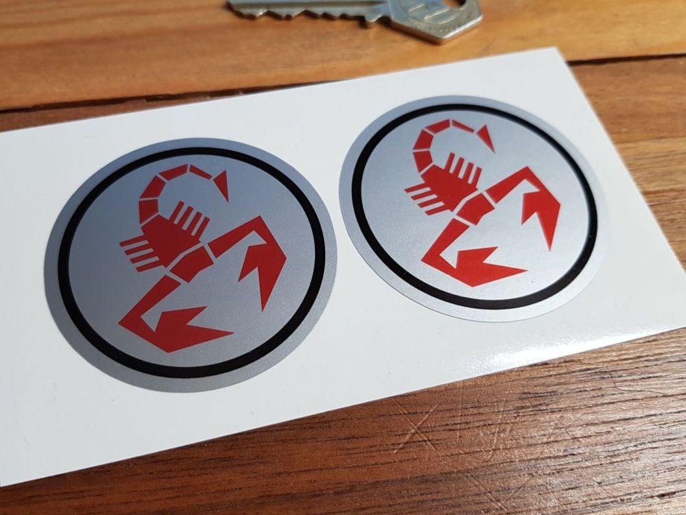 Abarth Scorpion Red on Silver Circular Stickers. 57mm Pair.