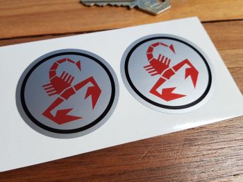 Abarth Scorpion Red on Silver Circular Stickers. 57mm Pair.