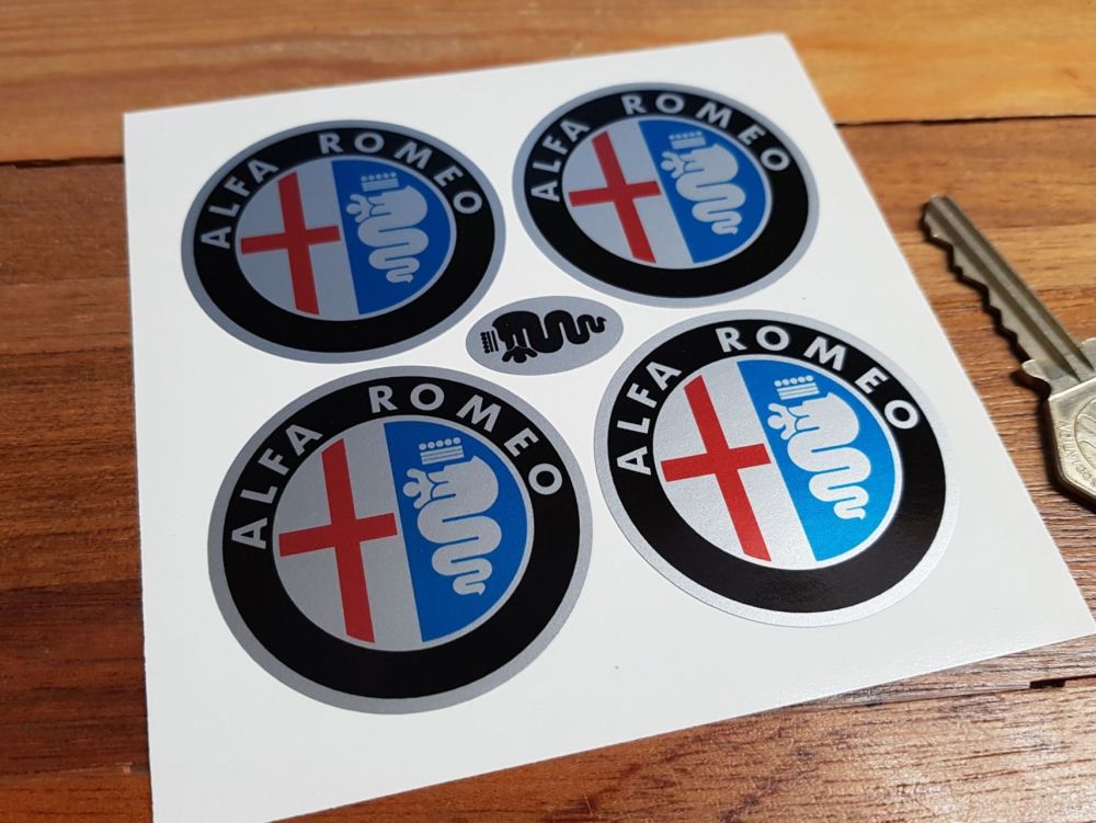 Alfa Romeo Colour on Silver Wheel Centre Stickers - Set of 4 - 50mm, 55mm, or 70mm