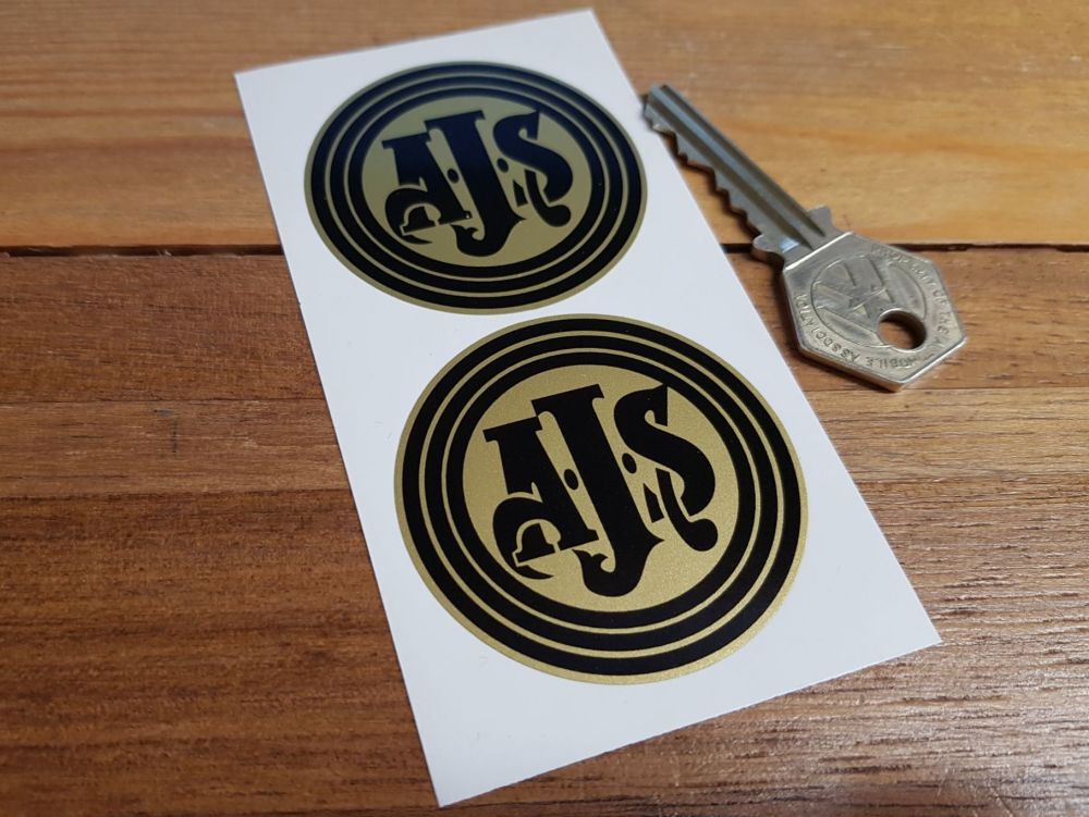 AJS Black on Gold Circular Stickers. 50mm or 60mm Pair.