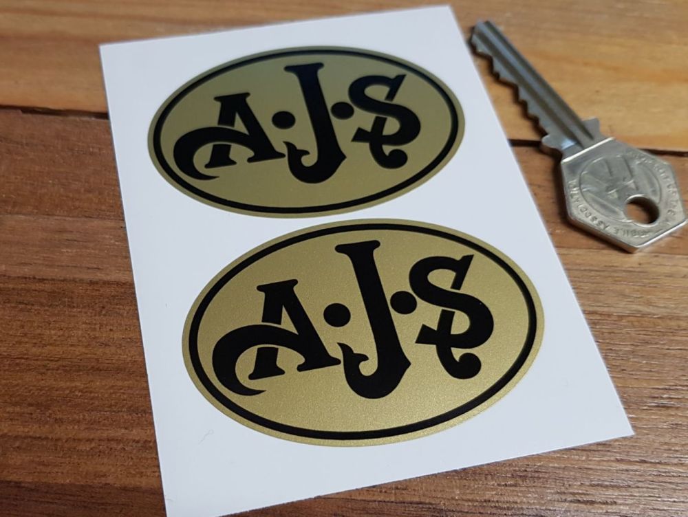 AJS Black on Gold Oval Stickers. 2.5" Pair.