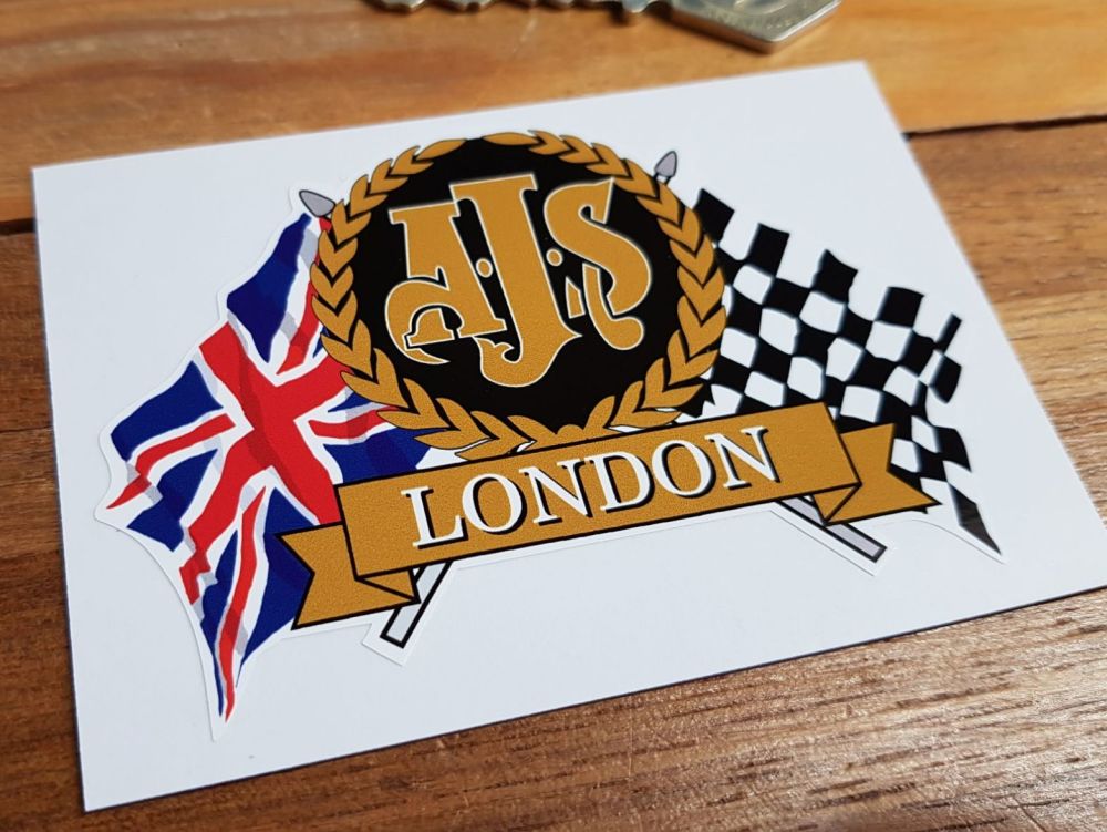 AJS Flag & Scroll Sticker. 3.75".