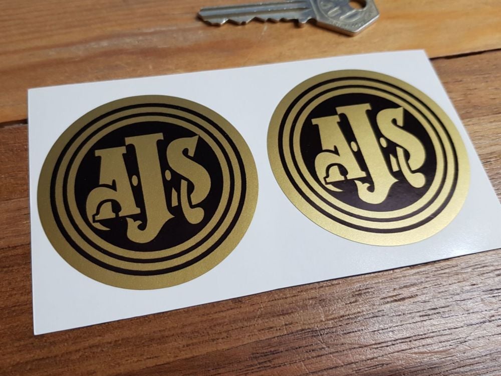 AJS Gold on Black Circular Stickers. 60mm Pair.