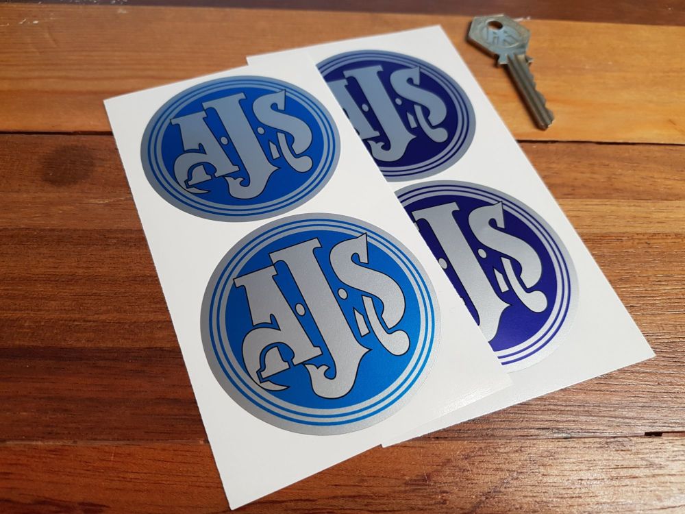 AJS Round Tank Style Stickers. 2.5" Pair.