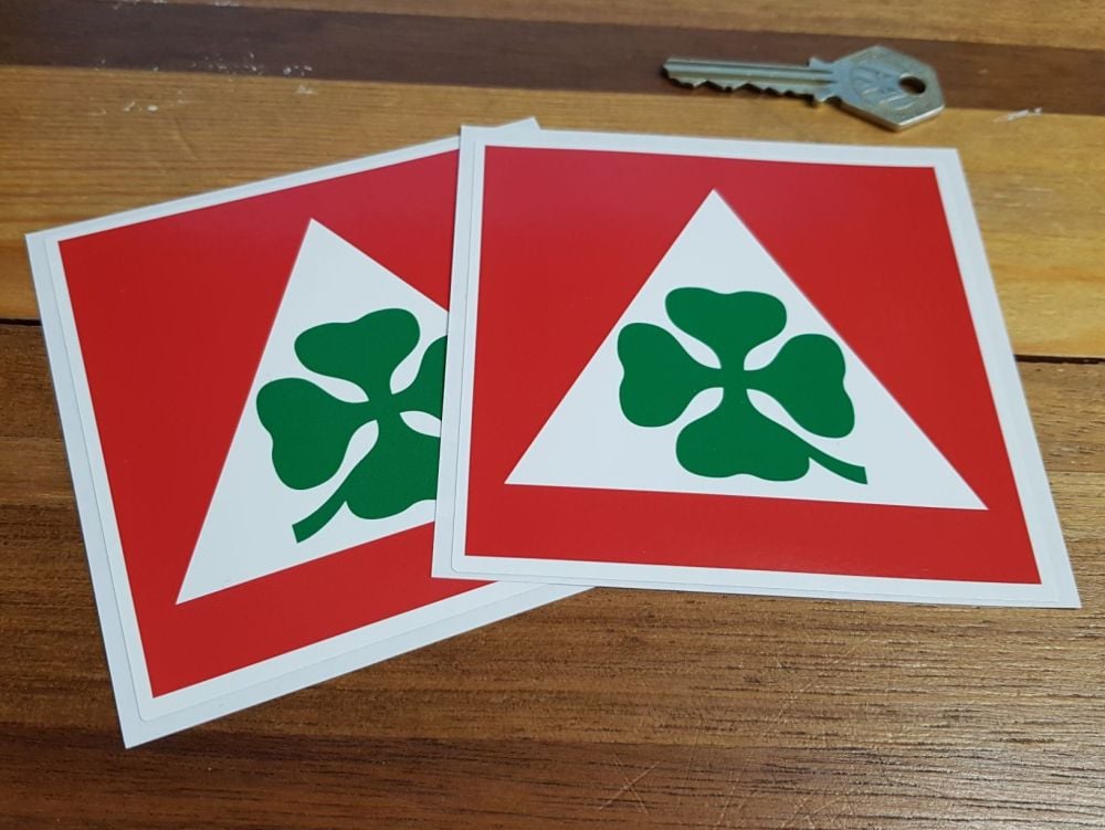 Alfa Romeo Cloverleaf & Red Square Stickers. 4" Pair.