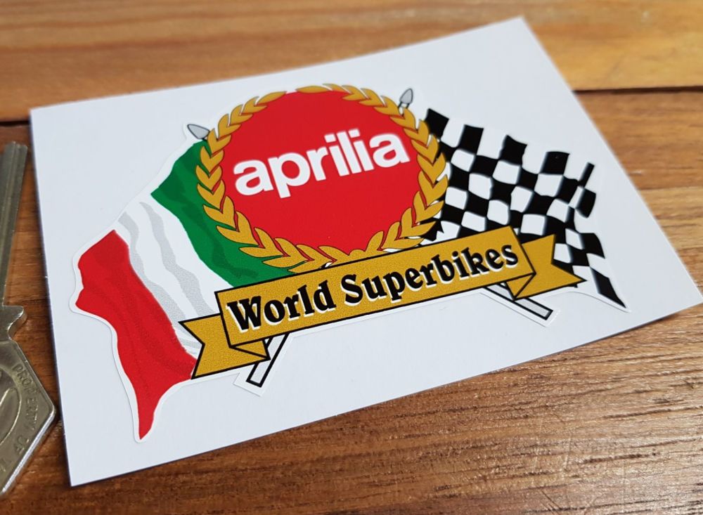 Aprilia World Superbikes Flag & Scroll Sticker. 4", 6", or 8".
