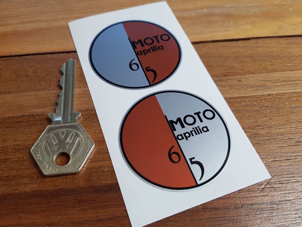 Moto Aprilia 6.5 Orange & Silver Stickers.  50mm, 54mm, or 70mm Pair.