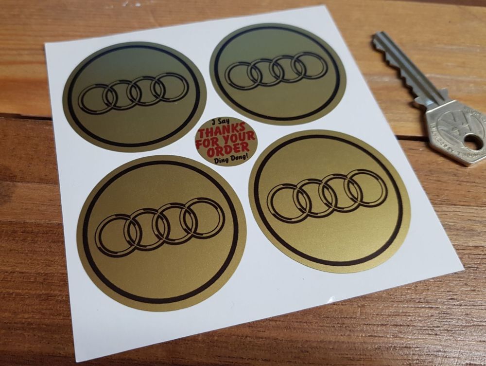 Audi Black & Gold Hoops Wheel Centre Stickers. Set of 4. 50mm.
