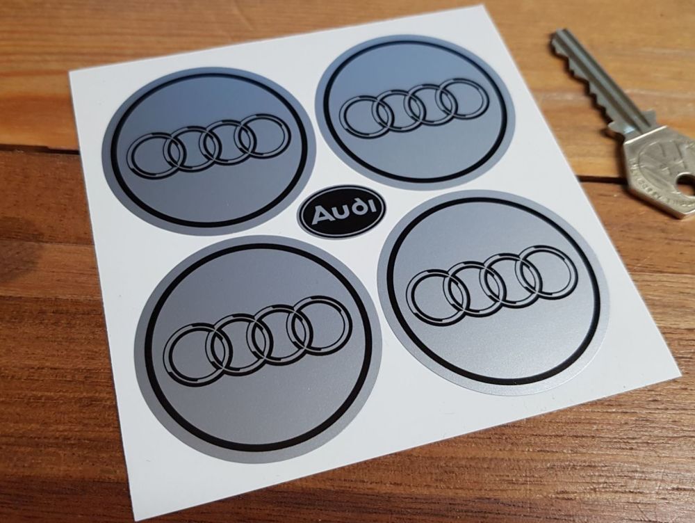 Audi Black & Silver Hoops & Coachline Wheel Centre Stickers - Set of 4 - 50mm