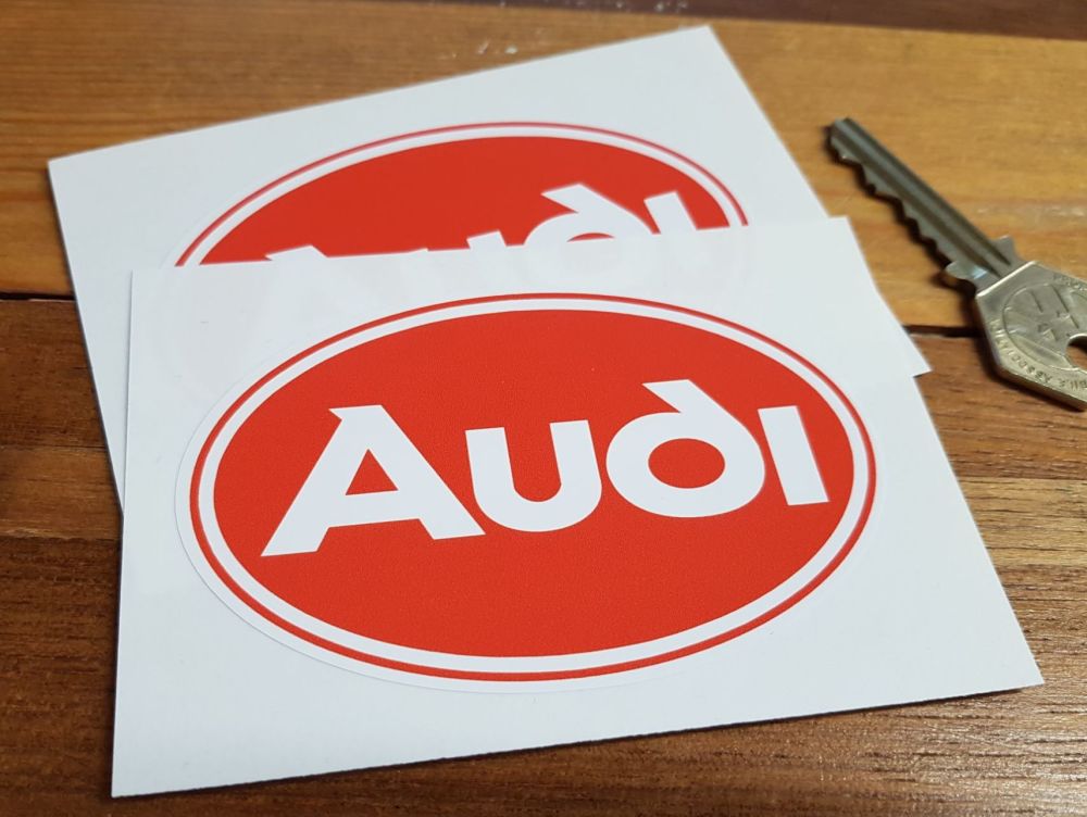 Audi Red & White Oval Stickers. 3.75" Pair.