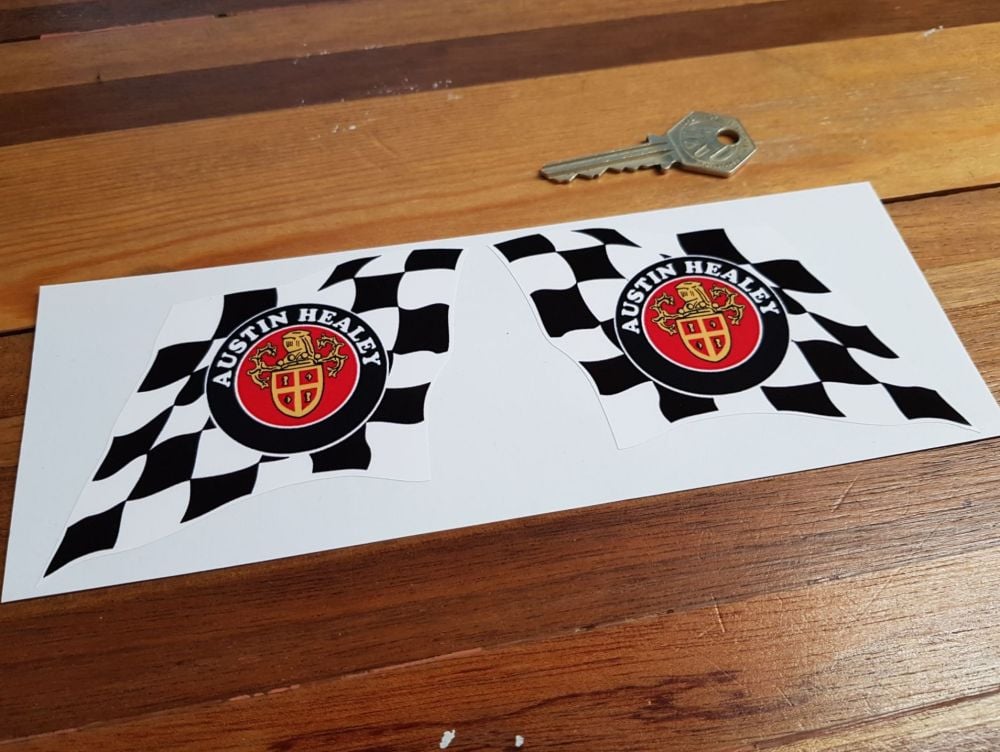 Austin Healey Crest & Chequered Flag Stickers. 4" Pair.