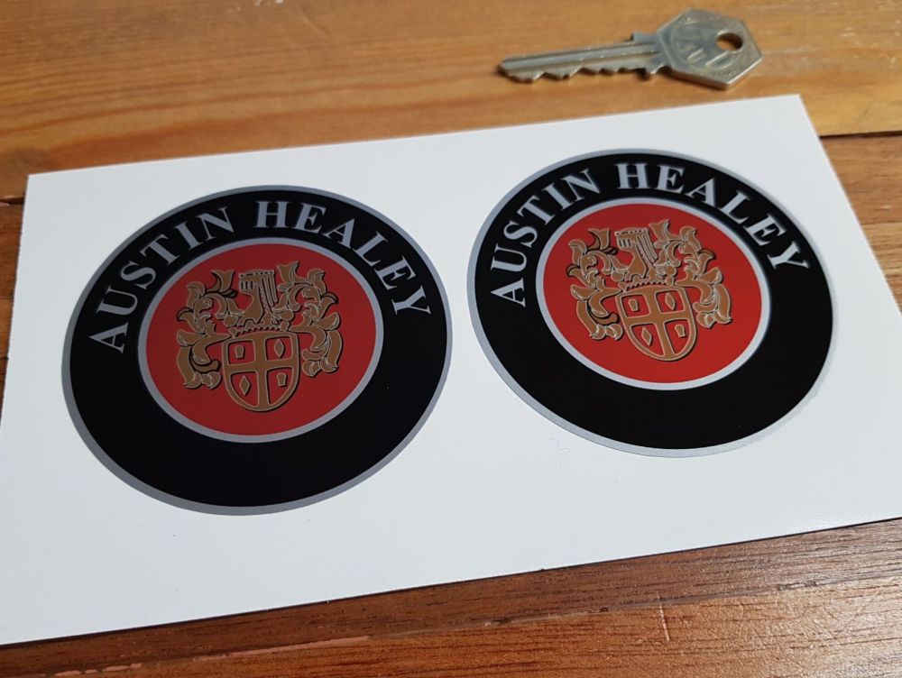 Austin Healey Crest Circular Silver Stickers. 3" Pair.