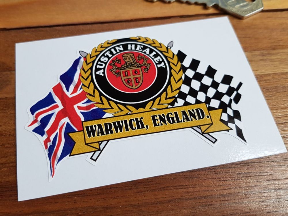 Austin Healey Warwick, England Flag & Scroll Sticker. 4".