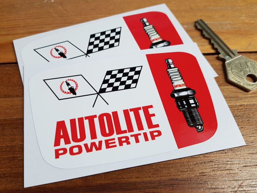 Autolite Powertip Spark Plug & Crossed Flags Stickers. 4" or 6" Pair.
