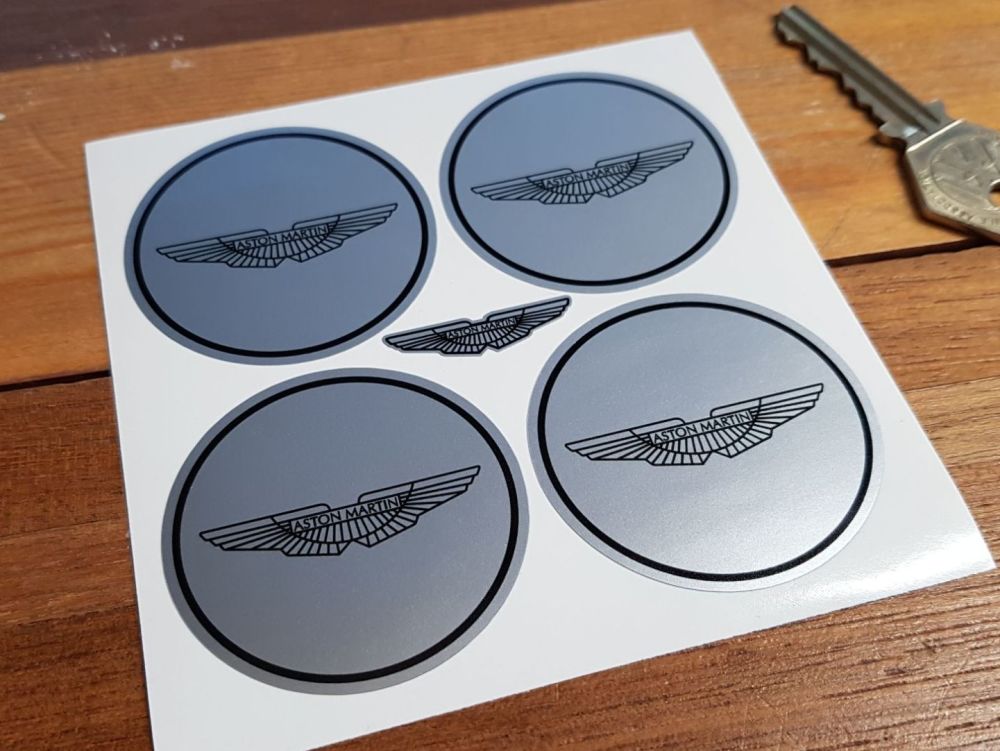Aston Martin. Wing Logo Silver Wheel Centre Stickers. Set of 4. 50mm or 60m