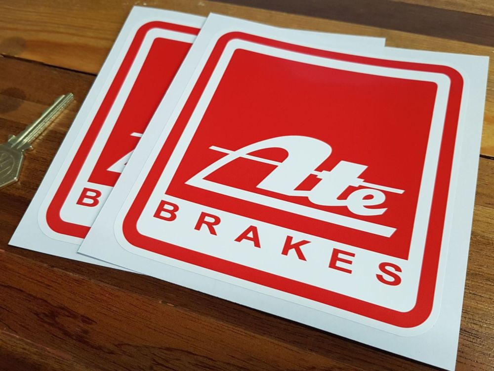 ATE Brakes Red Square Stickers. 5" Pair.