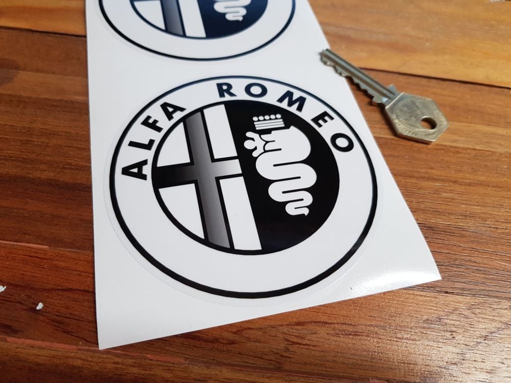 Alfa Romeo Logo Stickers. Black & Clear. 4" Pair.