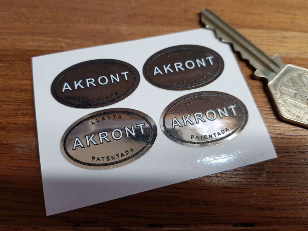 Akront Black & White on Chrome Foil Oval Stickers. Set of 4. 32mm