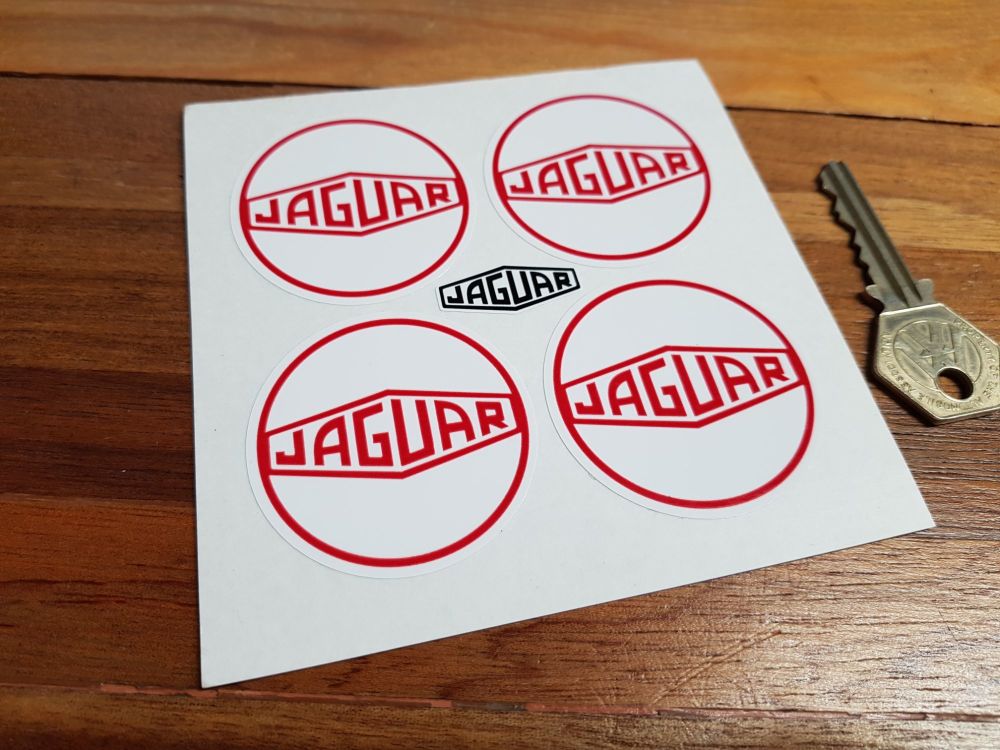 Jaguar Wheel Centre Stickers. Lozenge. Red & White. Set of 4. 50mm.