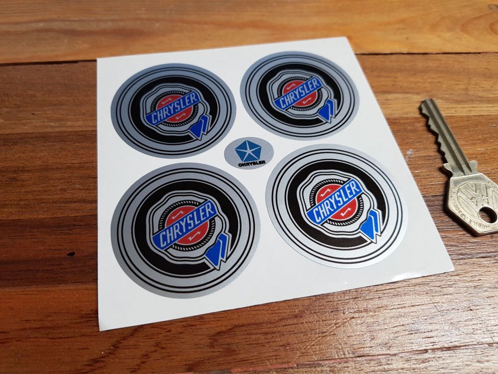 Chrysler Wheel Centre Style Stickers. Colour on Silver. Set of 4. 50mm, 54m