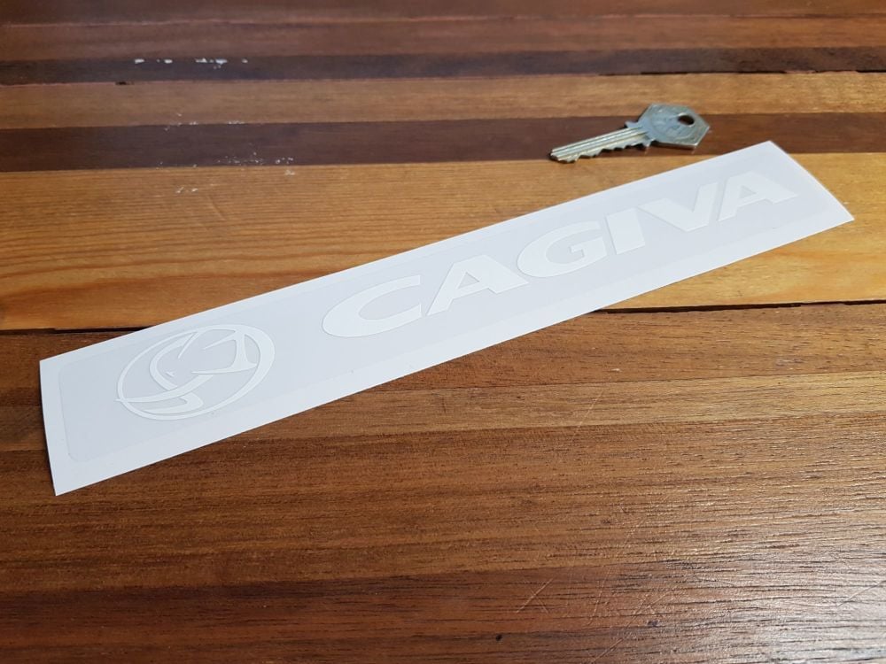 Cagiva White on Clear Oblong Sticker. 10".