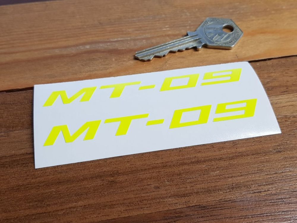 Yamaha MT-09 Shaped Text Fluorescent Yellow Stickers. 4" Pair