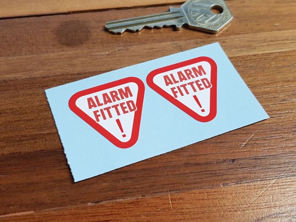 Alarm Fitted Red Text Warning Stickers. 34mm or 45mm Pair.