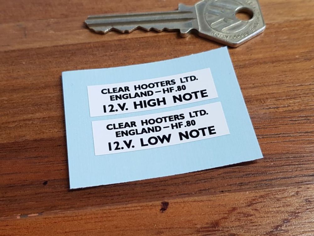 Clear Hooters High & Low Note 12.V Horn Stickers. 40mm x 12mm Pair.
