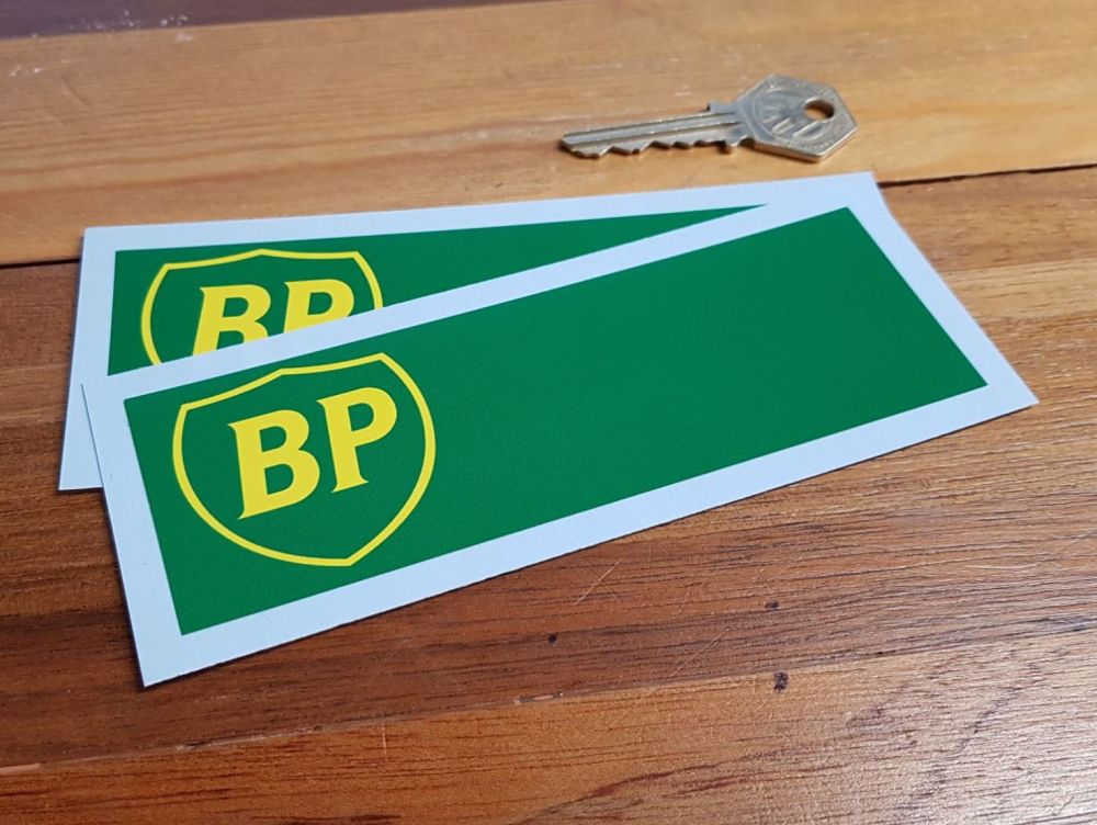 BP Green & Yellow 90's Thin Style Oblong Stickers. 5.75" Pair.