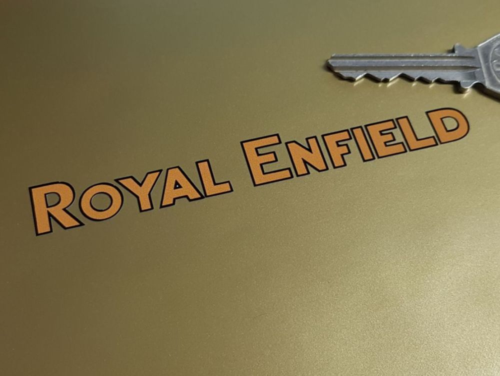 Royal Enfield Black & Mustard Cut Vinyl Text Stickers. 4.25" Pair.