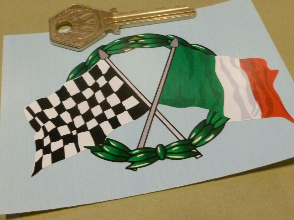 Crossed Italian & Chequered Flag & Garland Sticker. 4".