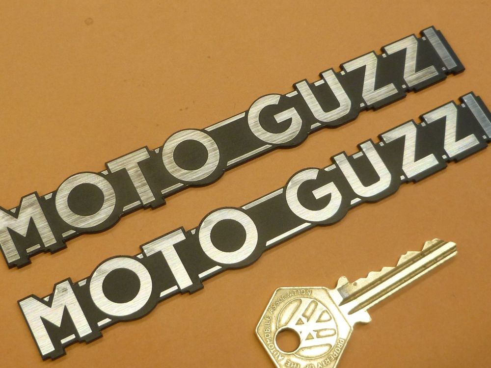 Moto Guzzi One Piece Script Self Adhesive Bike Badges - Black & Silver/Gold - 6" or 7" Pair