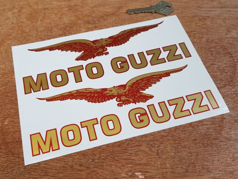 Moto Guzzi Text & Soaring Eagle Old Style Stickers - Red & Gold - 7.75