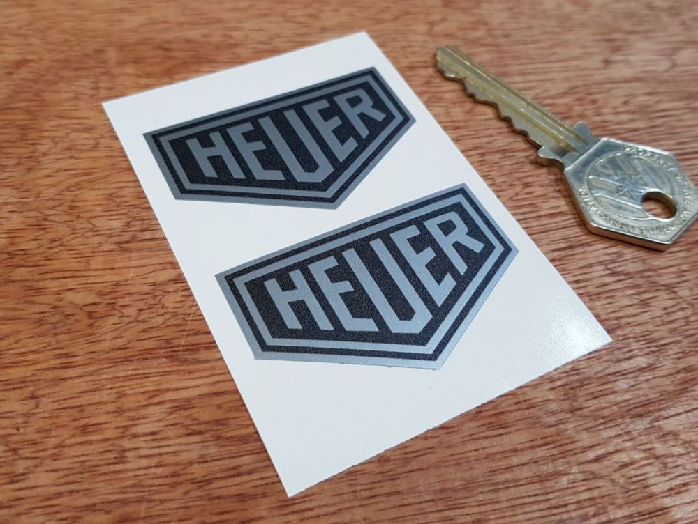 Heuer Plain Black & Silver Stickers. 2" or 3" Pair.