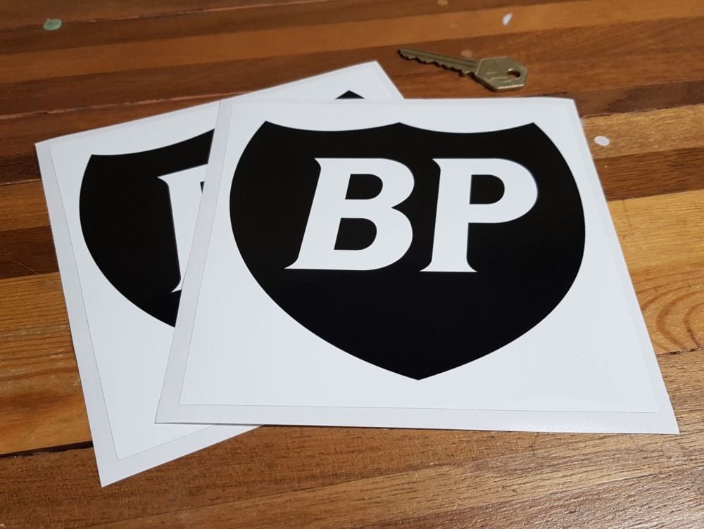 BP Black & White Shield in White Square Stickers - 3", 4", 6" or 7" Pair