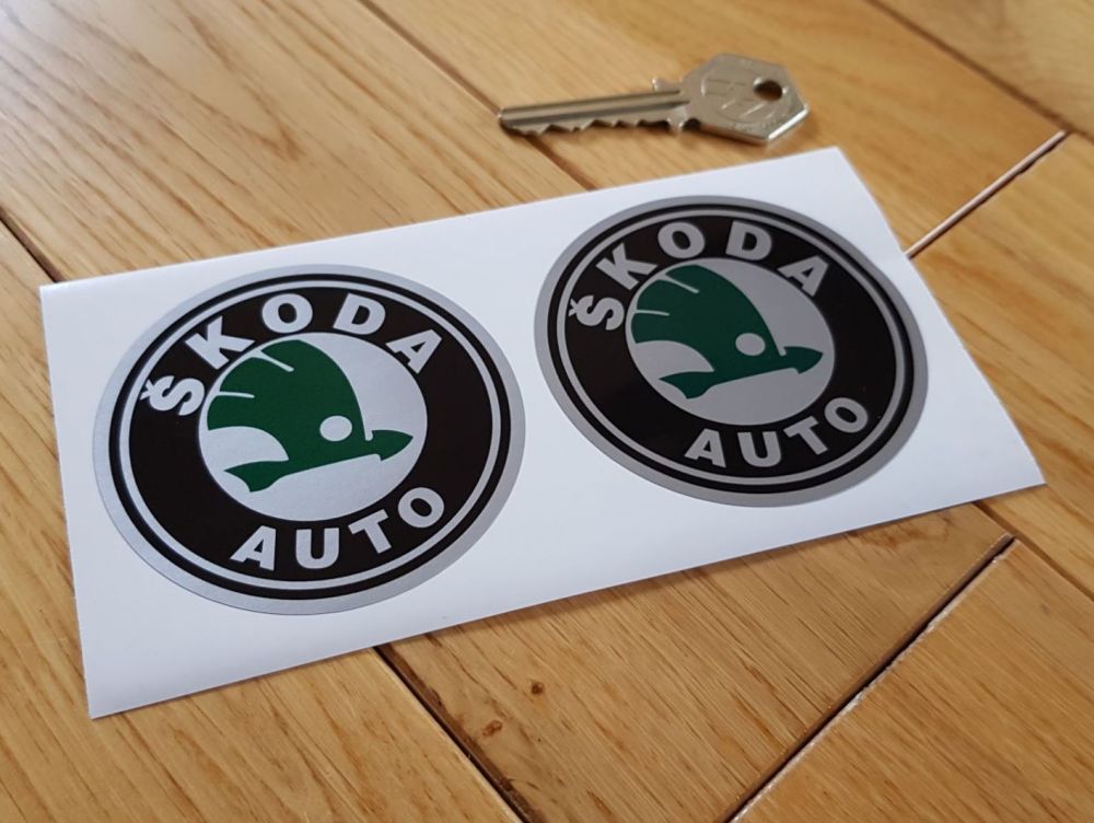 Skoda Auto Black, Dark Green & Silver Circular Logo Stickers 2.75" Pair