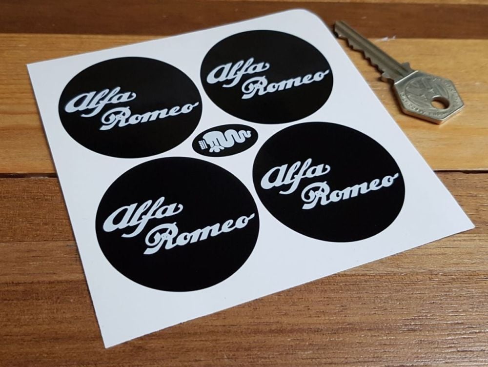 Alfa Romeo White & Black Text Wheel Centre Stickers - Set of 4 - 50mm