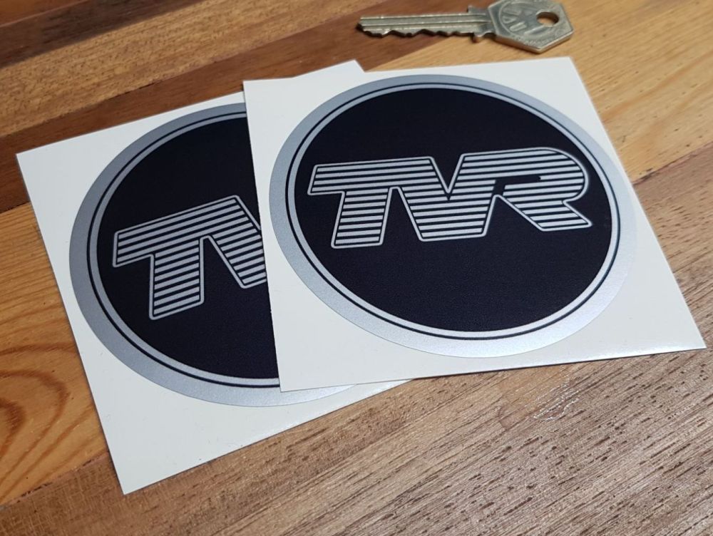 TVR Black & Silver Rimmed Circular Stickers - 3" or 3.5" Pair