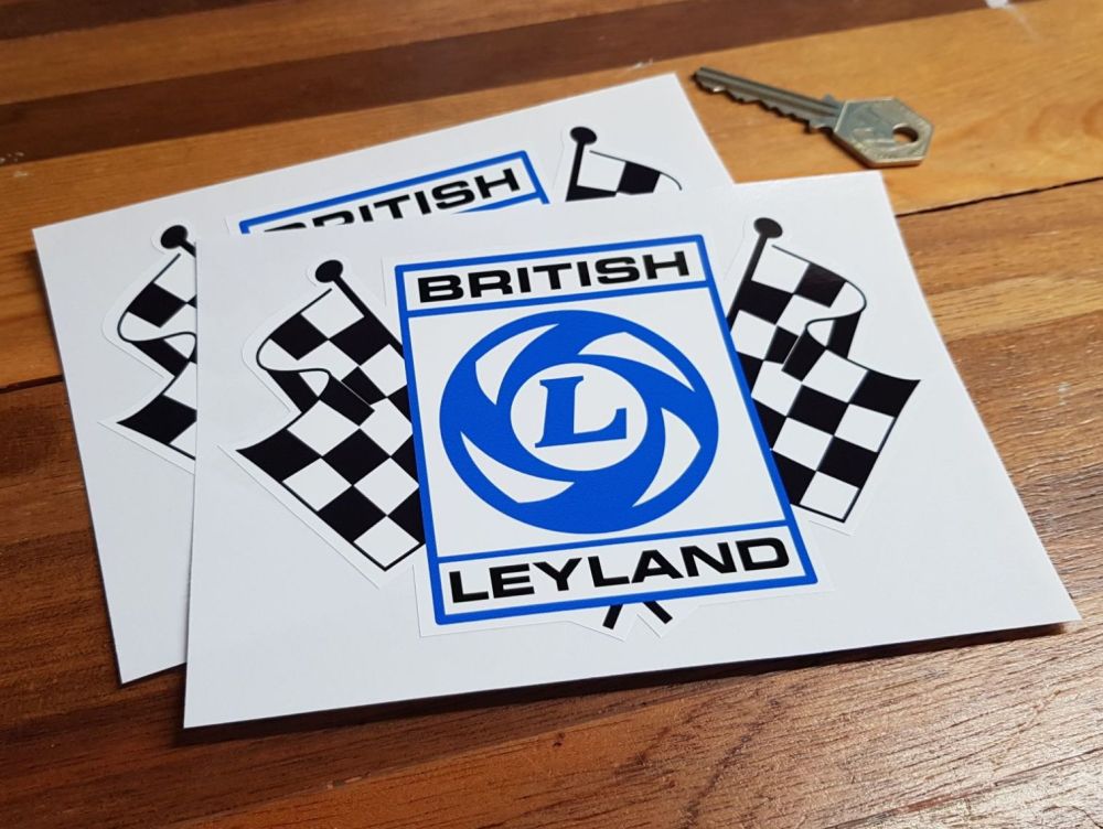 British Leyland Chequered Flag Stickers with Black Text. 6" Pair.