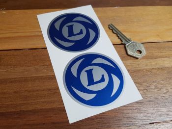 British Leyland Circular 'L' Logo Blue & Silver Stickers. 70mm or 80mm Pair.